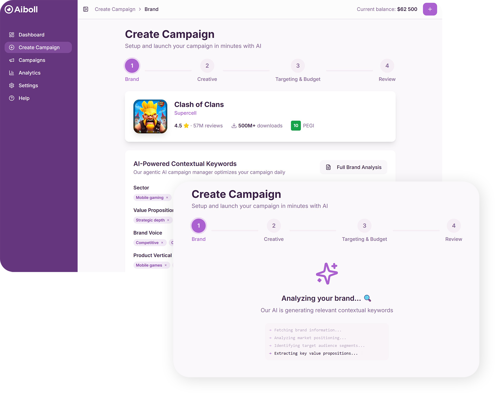 Aiboll advertiser platform screens showing campaign creation and AI brand analysis