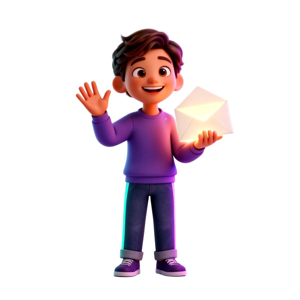 Friendly character waving and holding a glowing envelope