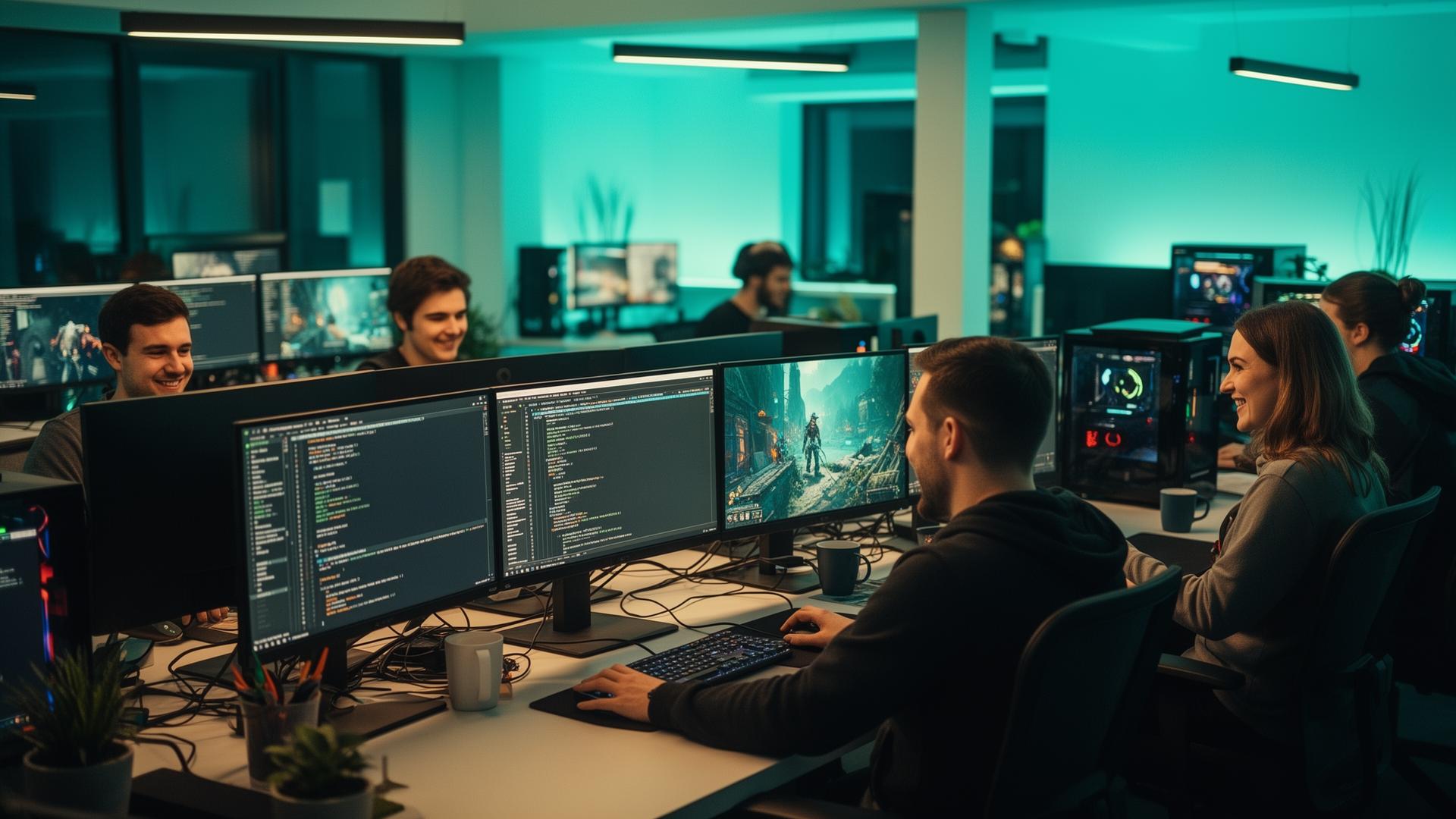 A game developer studio with developers working at their desks under turquoise ambient lighting