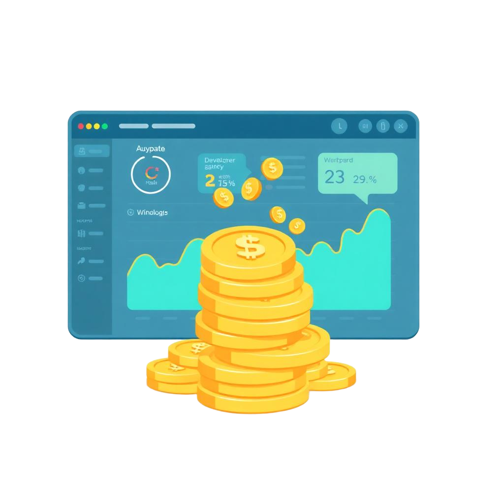 A stack of gold coins flowing into a developer revenue dashboard