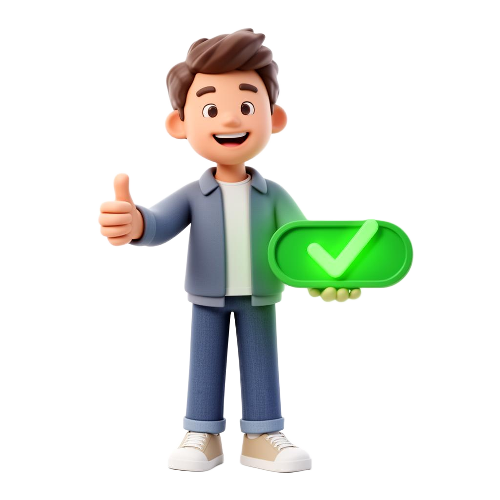 A happy cartoon player character holding a glowing checkmark toggle switched on