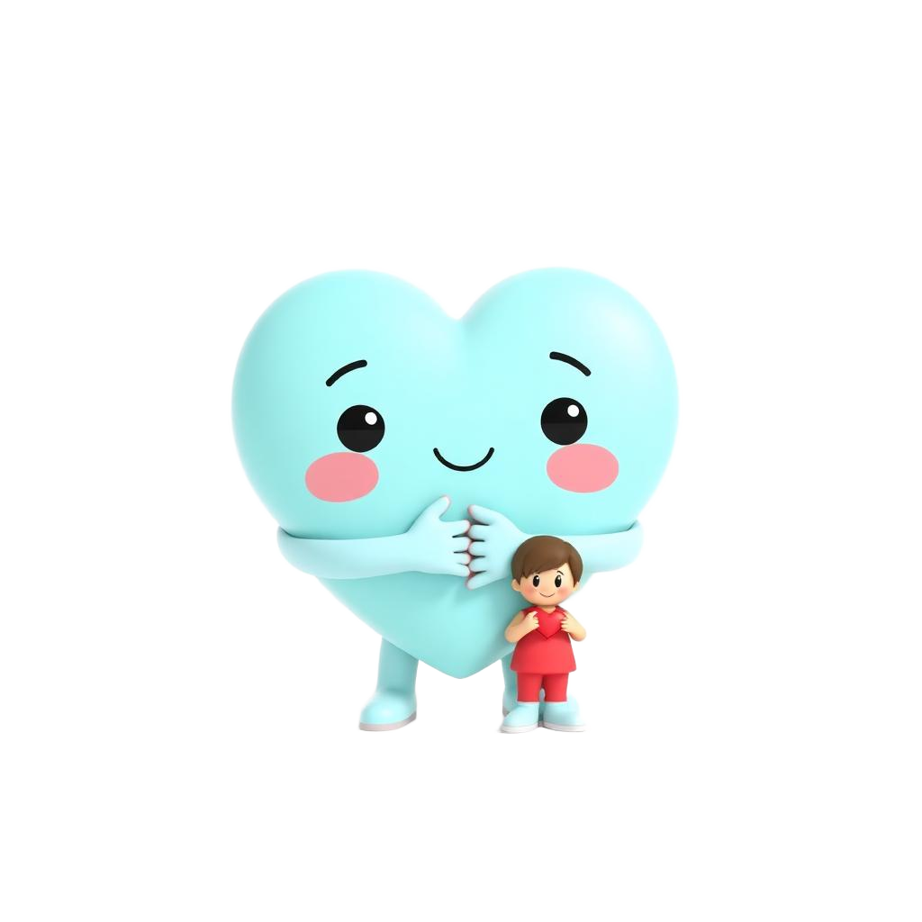 A friendly heart character hugging two small player avatars together